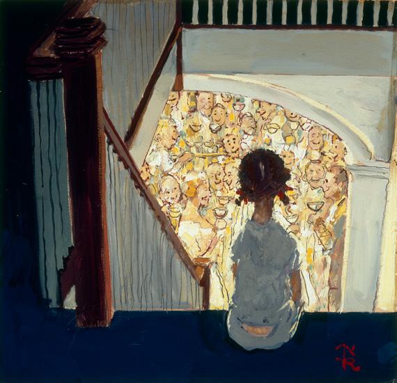 Rockwell's oil on board of a little girl looking down a staircase at a Christmas party of adults.