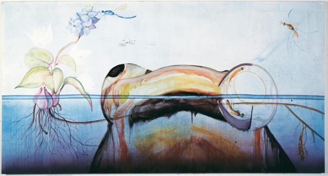 Rockman's oil painting of a large object in the ocean.