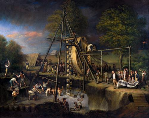 Peale's oil on canvas of men at a water wheel gathering water.