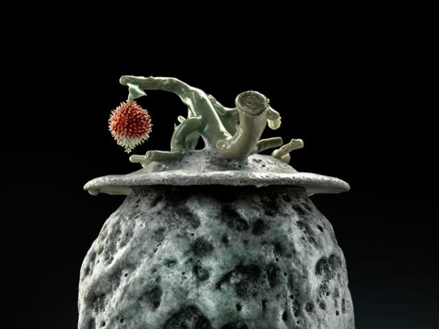 A detail of Lee's 'Lychee Nut Urn' showing the lychee fruit.