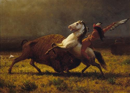 Bierstadt's oil on canvas of a man on a horse attacking a buffalo.
