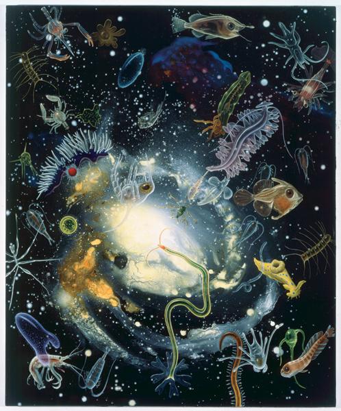 Rockman's oil painting of different types of creatures in space.