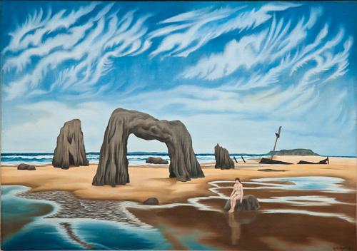 Ault's oil on canvas of a coastal landscape with a naked figure in the foreground, an arch in the middle ground and sky and sea in the background.