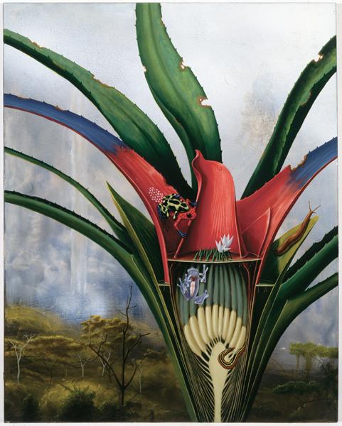 Rockman's oil painting of the inside of a plant with frogs.