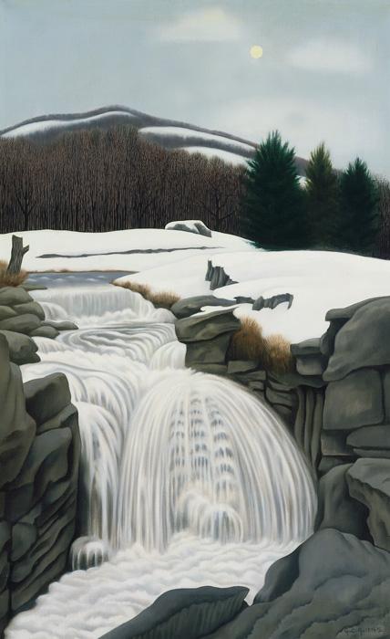 Ault's oil on canvas of a landscape with snow and a small waterfall in the middle.