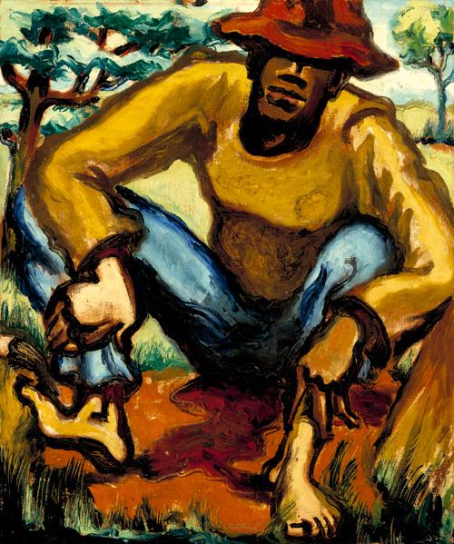 Clark's oil painting of a figure resting in a field. 