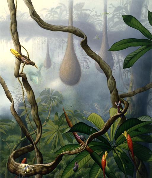 Rockman's oil painting of a forest with fog.