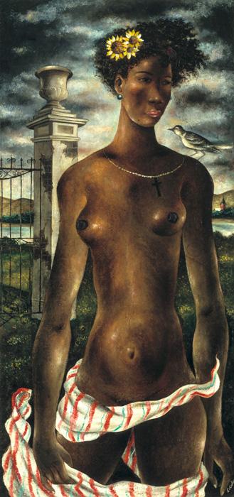 Cortor's oil painting of a naked woman with a bird on her shoulder.
