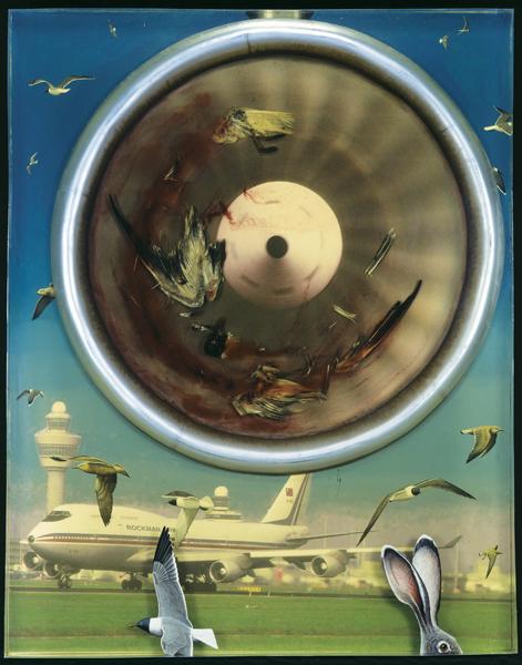 Rockman's mixed media painting of a plane's propeller. 