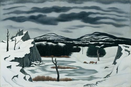 Ault's oil on canvas of a landscape scene with a lake in the foreground, a man in the middle ground and mountains in the background.