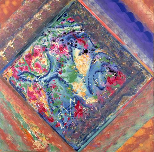 Cruz's acrylic abstract painting with a square turned on its diagonal.