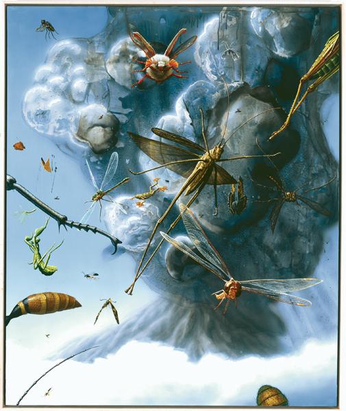 Rockman's oil paining of a volcano erupting in the background and different creatures being effected by it in the foreground.