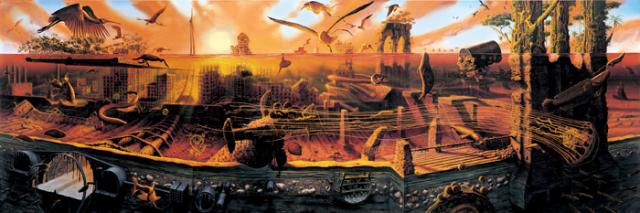 Rockman's oil paining with a ship and lots of real and created creatures both above and below ground.