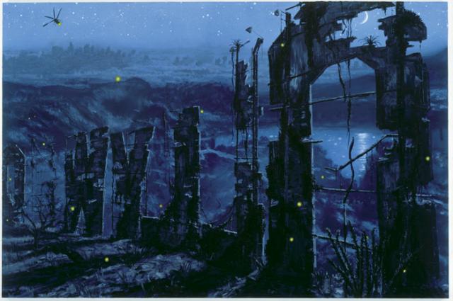 Rockman's oil painting behind the Hollywood sign at night.