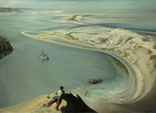 Ault's oil on canvas of a waterway with a man laying against a rock in the foreground.