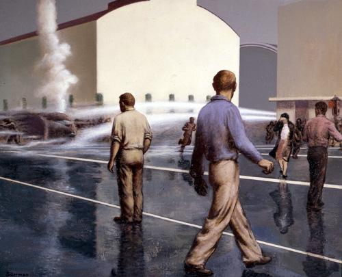 Ault's oil on canvas of a scene with men in the foreground, water extinguishing a burning object in the middle ground and buildings in the background.