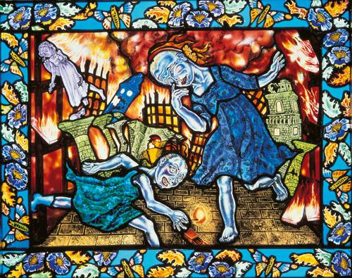 An image of Schaechter's glass piece with two women in the foreground and a scene of burning disaster in the background.