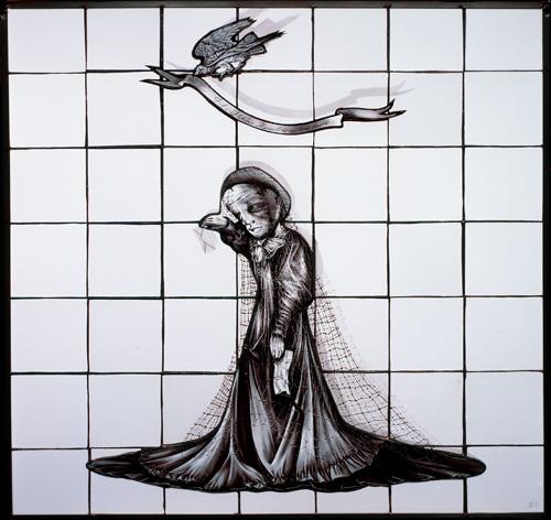 Schaechter's glass work of a figure and a bird flying overhead.