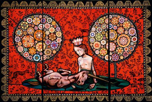 Schaechter's glass work of a figure and a unicorn in the foreground and two circles in the background.