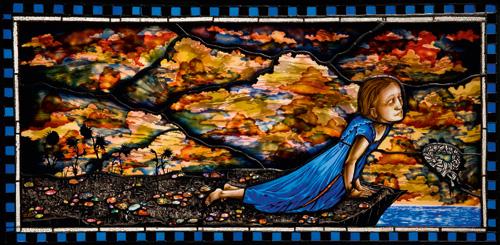 Schaechter's glass work of a figure crawling on a cliff with water underneath. 