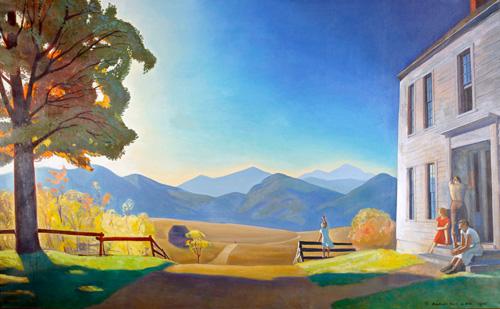 Kent's oil painting of a landscape with a tree to the left and a house to the right and mountains in the background.
