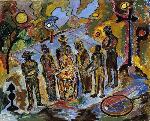 Delaney's oil painting of six figures in front of a can fire.