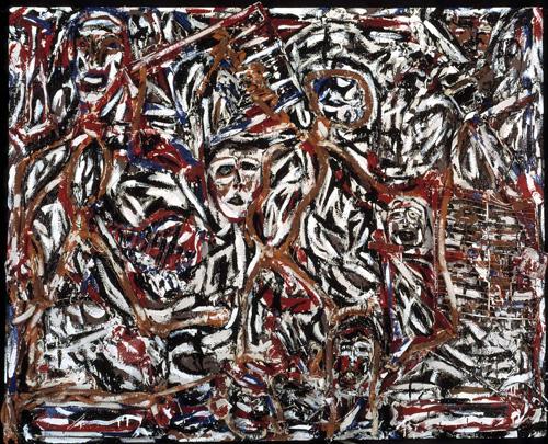 Dial's mixed media painting with lines that transform into figures.