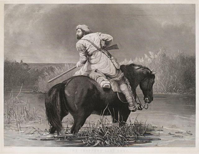 Ranney's lithograph of a man on a horse in water with a gun.