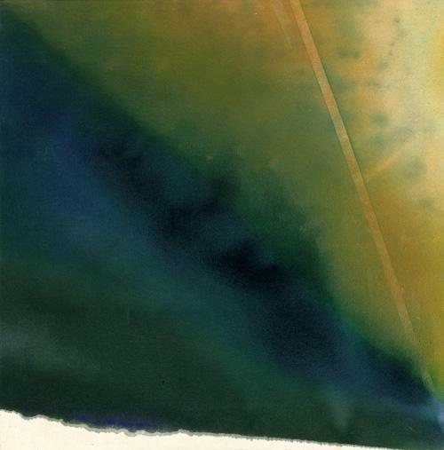 Gilliam's acrylic painting in blue, green, and yellow.