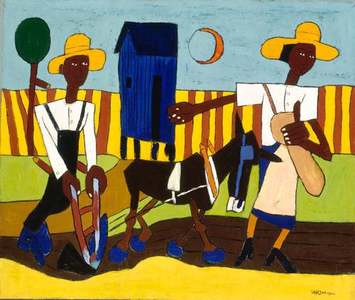 Johnson's oil painting of a man and woman in a field with their crop.