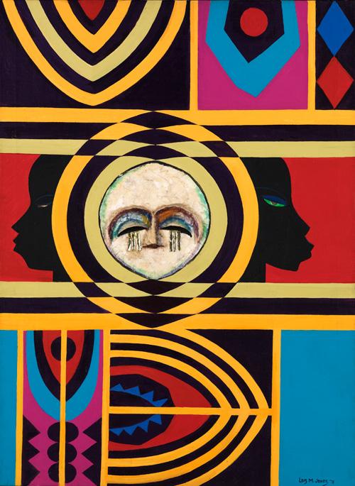Jones' oil and collage painting with bright colors and three faces in the middle.