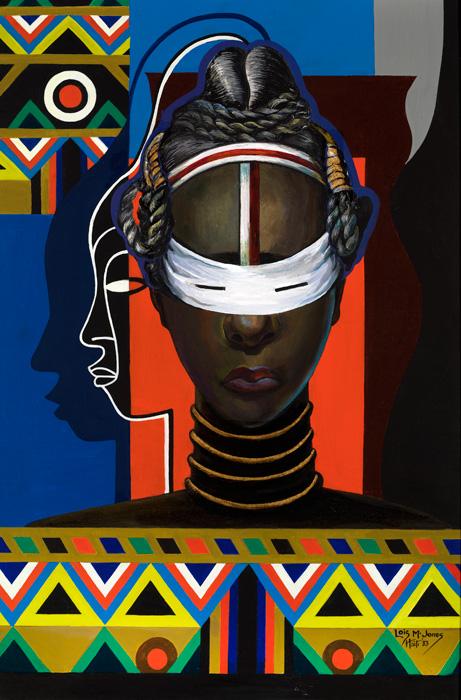 Jones' acrylic painting of a woman in a white blindfold.