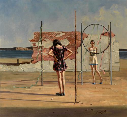 Lee-Smith's oil painting of two girls and one hula hoop.