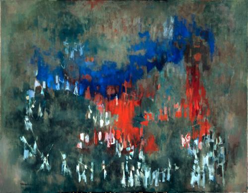 Lewis' abstract oil painting with blue, red, and white on a green/grey background.