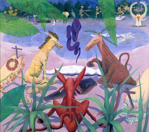 Morrison's oil painting with different animals around a body of water. 
