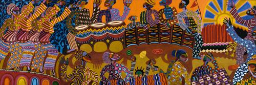 Searles' acrylic painting of a festival with bright colors. 
