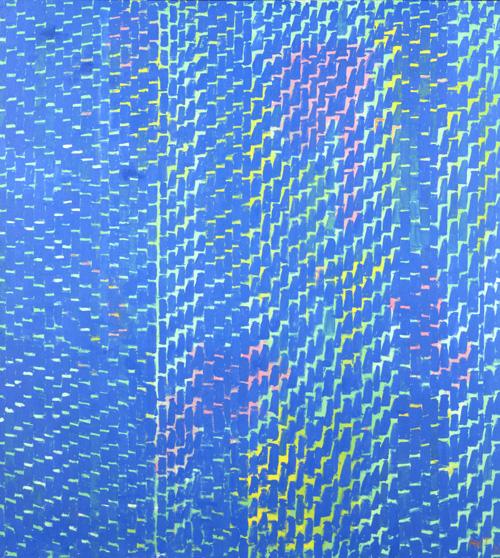 Thomas' acrylic of vertical lines in blue tones.