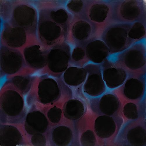 Young's acrylic painting of black circles with blue and red shades around them.