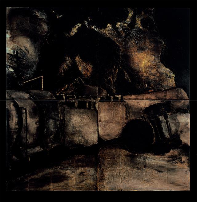 A painting at night of a fire.