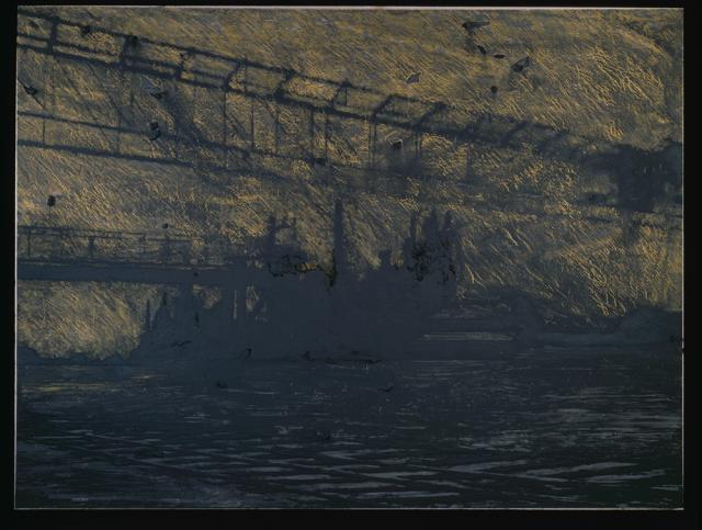 An painting of an industrial plant in blue and yellow and black.
