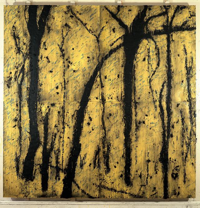 A painting with a yellow background and black lines.