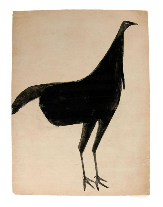 Paint and pencil on cardboard in the form of a black turkey