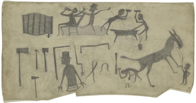 A pencil drawing of the happenings in a blacksmith shop.