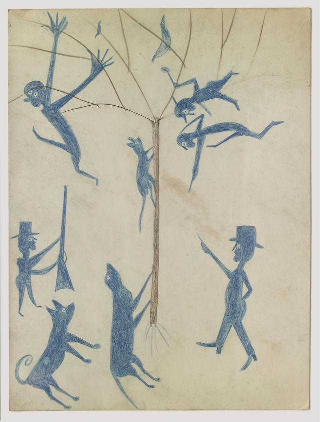 A colored pencil drawing of figures and animals in blue.