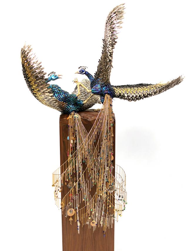 Mixed Media birds fighting each other. 