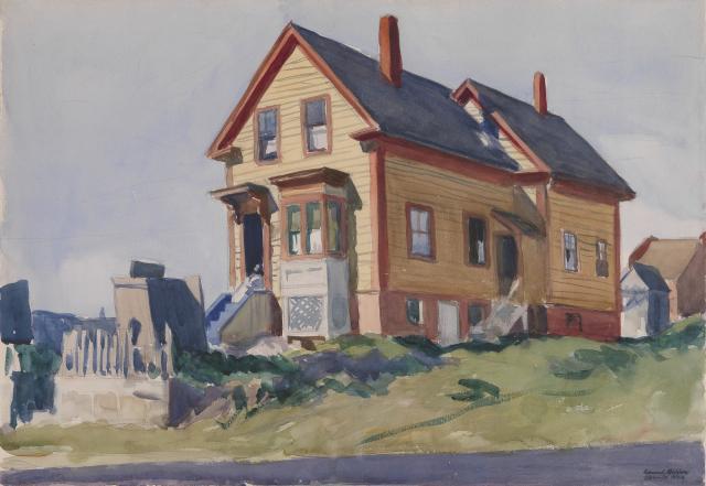 A watercolor painting of a house on a green hill.