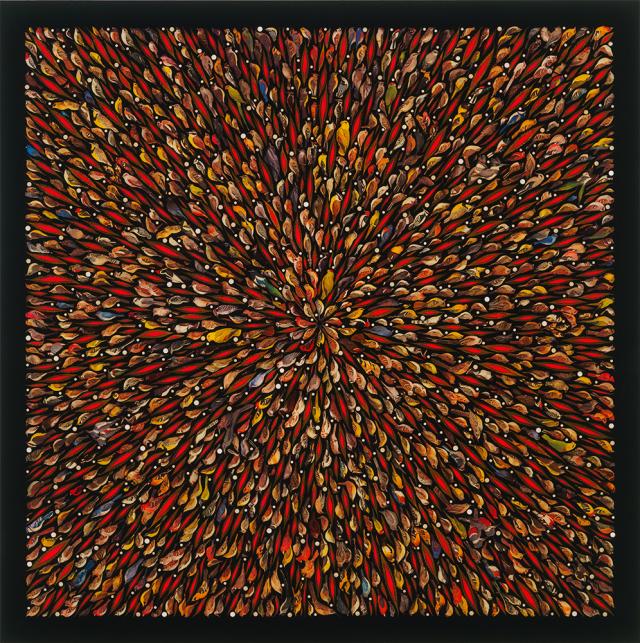 A collage of multiple birds with a central point in the center of the painting.