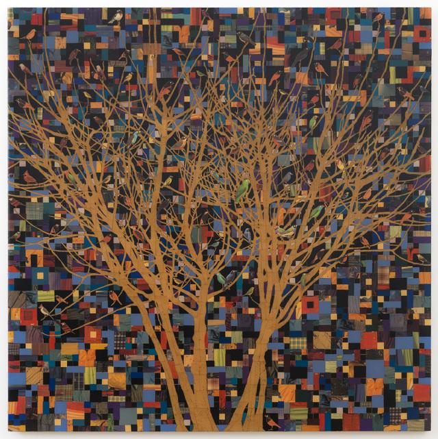 A collage with a light brown tree and birds on the tree.