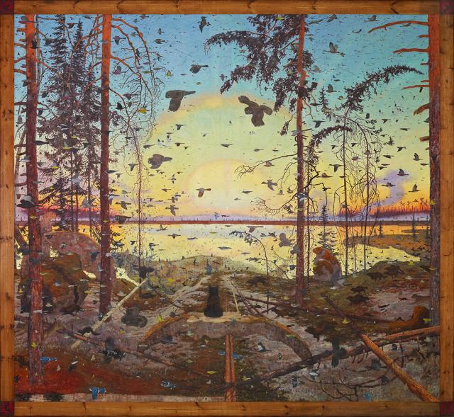 A landscape with a forest with animals in the foreground and a river in the background.
