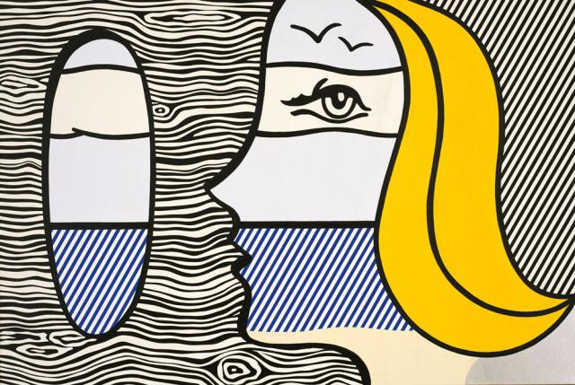 A pop art painting of a blonde woman looking through a hole in a wall.